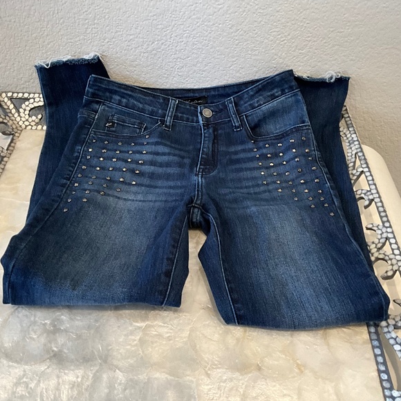 KanCan ESTILO WOMENS 27 STUDDED RIPPED SKINNY JEANS RAW HEM DISTRESSED, MED WASH - Picture 6 of 10